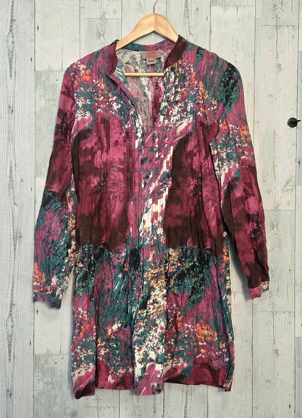 Aoyama Itchomie Cotton Long Sleeve Art to Wear Painterly Split Neck Dress Sz. M